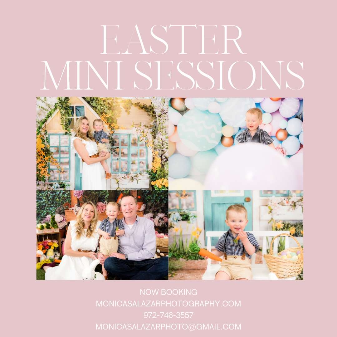 Easter mini sessions portraits for 2023. Little carrot patch stand, balloons, and house backdrops.