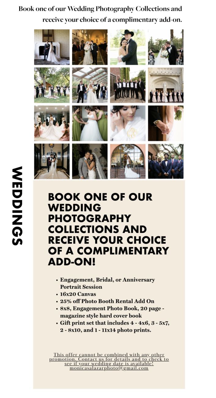 Dallas Fort Worth weddings - special offers for booking with Monica Salazar Photography. Complimentary add on to any wedding photo package.