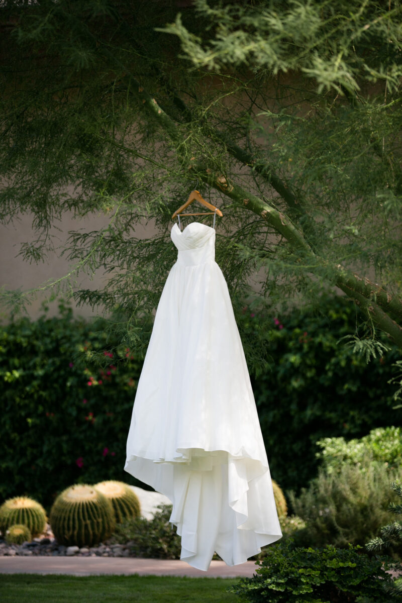 wedding dress hanging on a tree at a wedding in rancho mirage california by dallas wedding photographer monica salazar