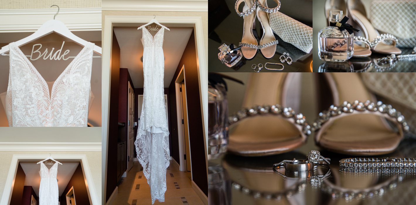 wedding dress hanging on the door frame of a hotel room in fort worth texas. wedding photos by fort worth wedding photographer monica salazar.