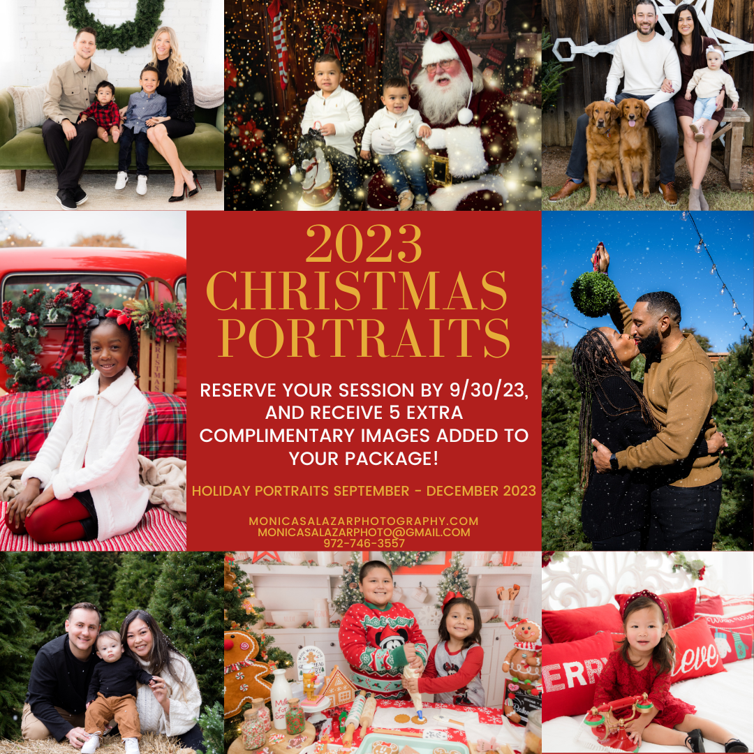 christmas mini sessions dallas fort worth texas monica salazar photography. Last Week to Receive an Extra 5 FREE Images When You Book Your Holiday Session With Us!
I extended our special offer for holiday portrait sessions and anyone that reserves their holiday photos by September 30th, will receive an additional 5 free digital photos with their package.
BOOK HERE -->> https://book.usesession.com/i/XZKhsy-A2
#christmasminis #christmasminis2023 #christmasmini #christmasphotography #christmasphotos #christmasphotosession #holidayphotos #holidayphotography #dallasphotographer #fortworthphotographer #DFW #dallas #fortworth #photoshoot 
Dallas christmas photography, Fort Worth Christmas photographer, holiday photos, christmas photos, outdoor christmas pictures, indoor christmas photos
